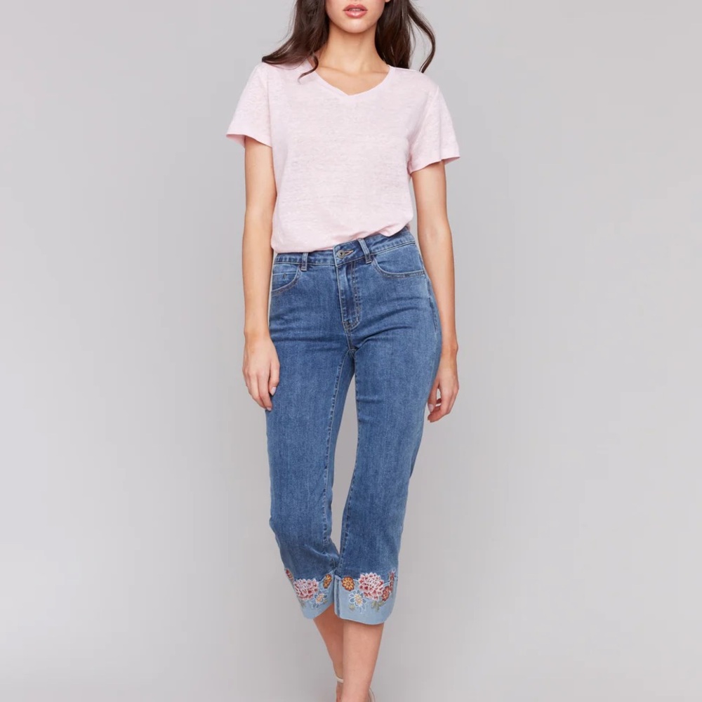 CHARLIE B Blue Ankle Cropped Jeans with Distressed Hem